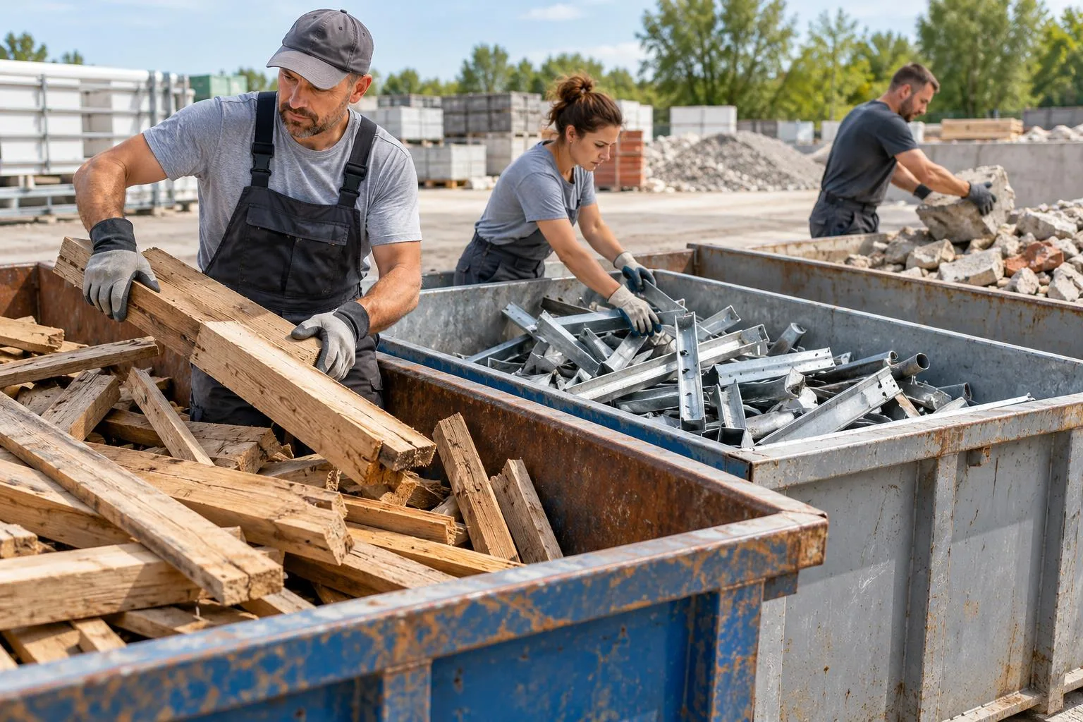 Fachkräfte trennen Holz, Metall und mineralische Baustoffe in verschiedenen Containern